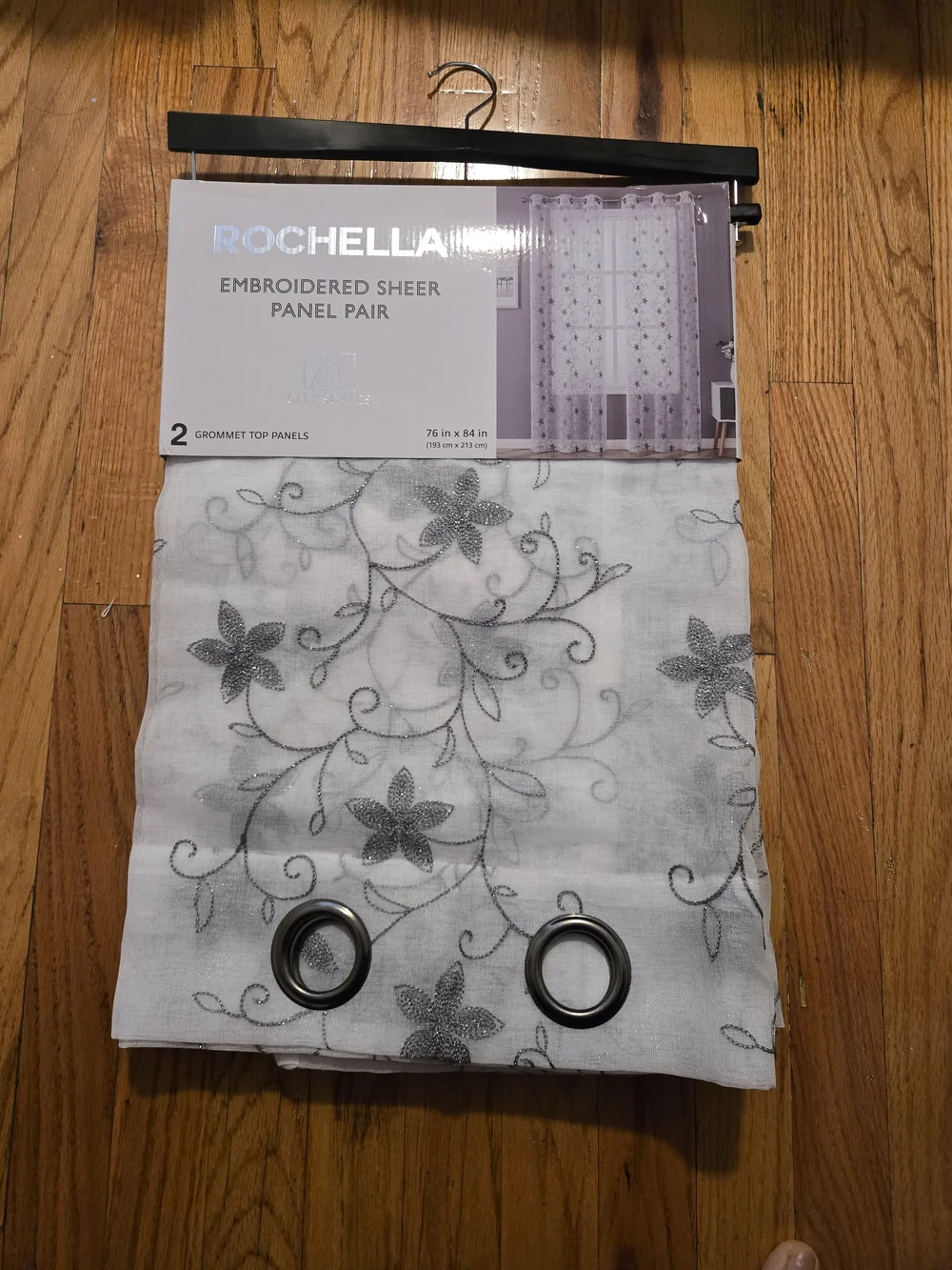 Rochelle White Sheer Curtain Panel with Silver Floral Embroidery